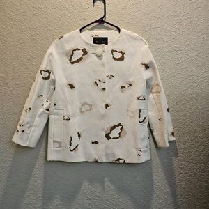 Massimo Dutti White Abstract Cat Animal Print Crop Blazer 3/4 Sleeve Jacket US 2